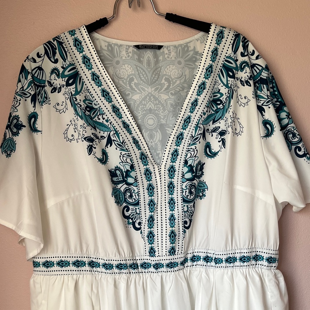 BloomChic White and Teal Embroidered Dress - Picture 2 of 4
